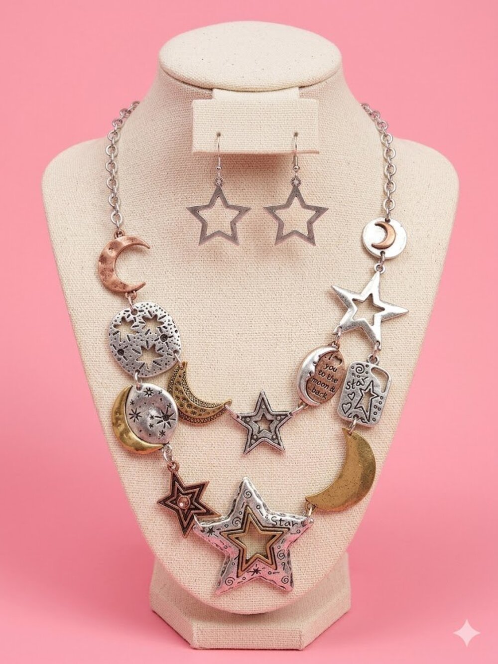 I Love You To The Moon & Back Two-Tone Celestial Necklace + Star Earrings Set
